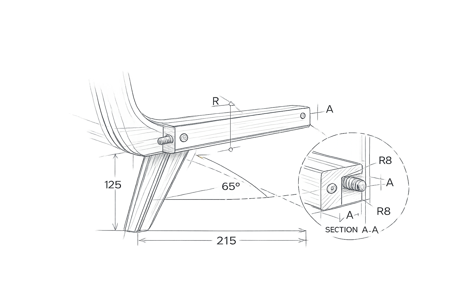Technical chair detail showing dimensions, angle, and joint construction