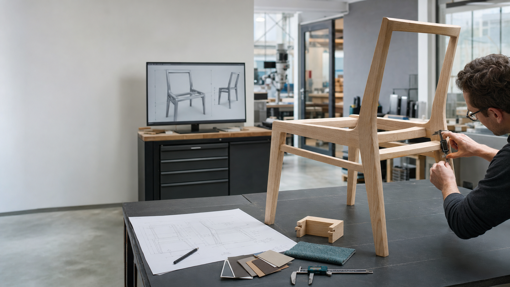 A furniture designer measuring a contract chair prototype beside its CAD model and fabrication drawings.